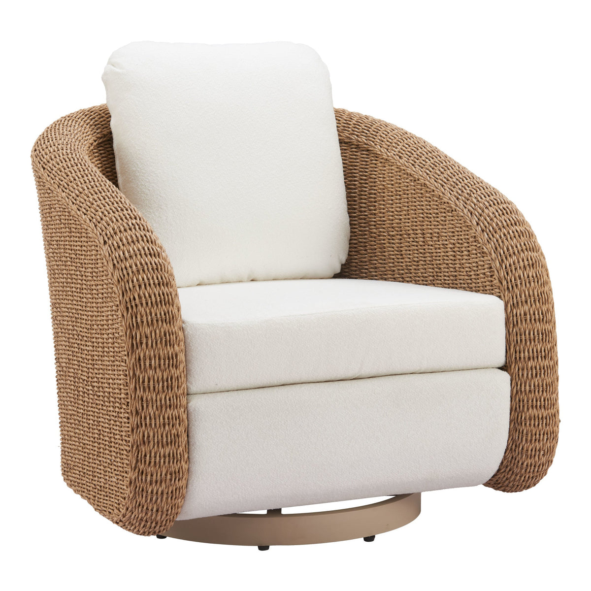 Angled front view of the Solara ivory swivel chair showing cushioned seating and woven arms