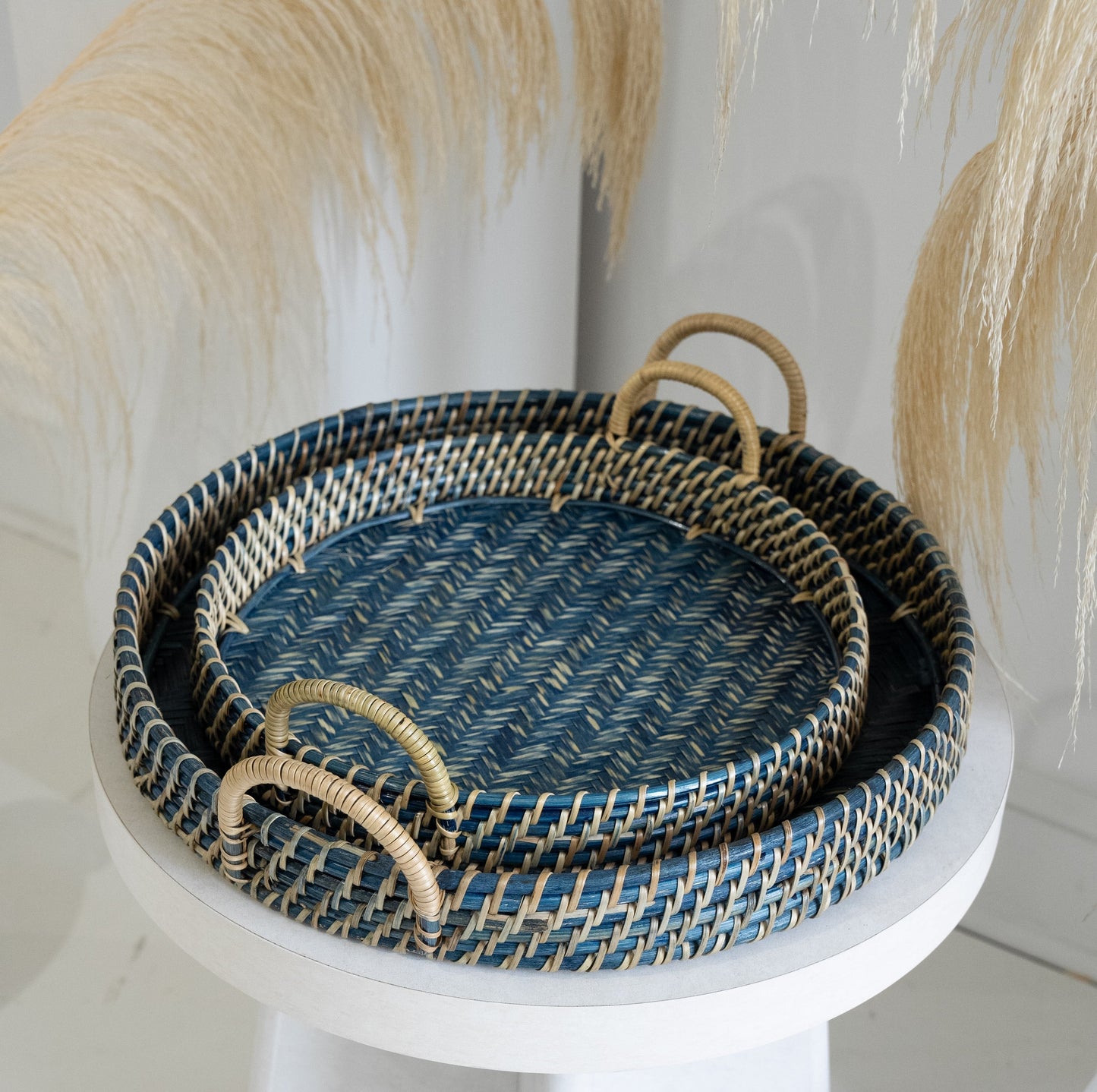 Round Rattan Tray in Navy Blue - Coastal Woven Decorative Tray, Beach House Entertaining