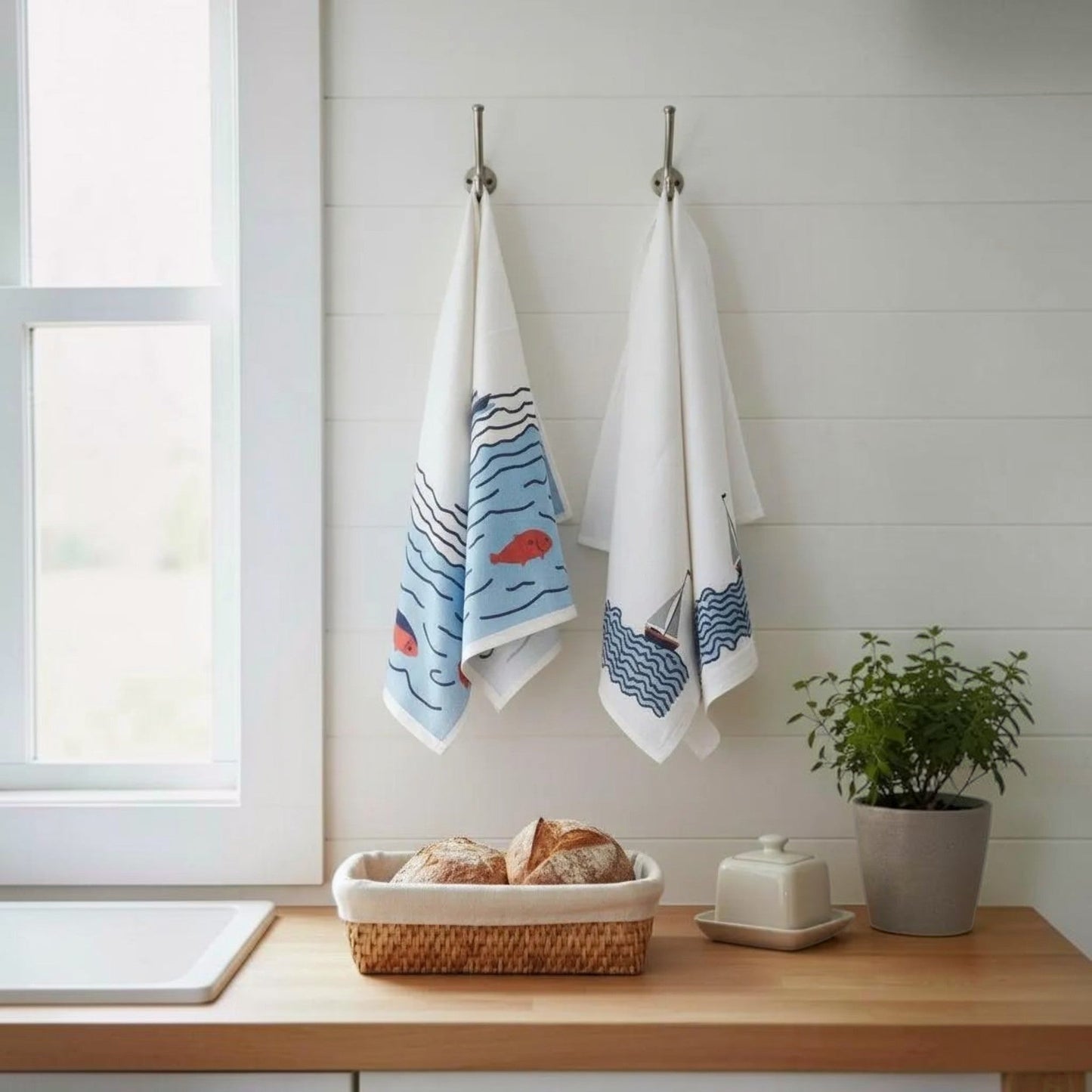 Coastal Sailboat Fish Tea Towels - American Made Cotton Kitchen Linens, Beach House Decor
