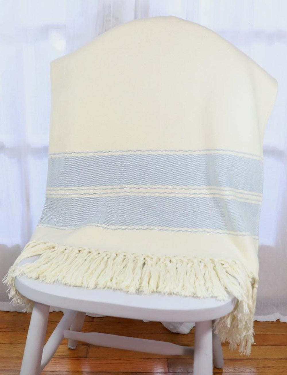 Handwoven blue and off-white cotton throw blanket 48 x 66 inches