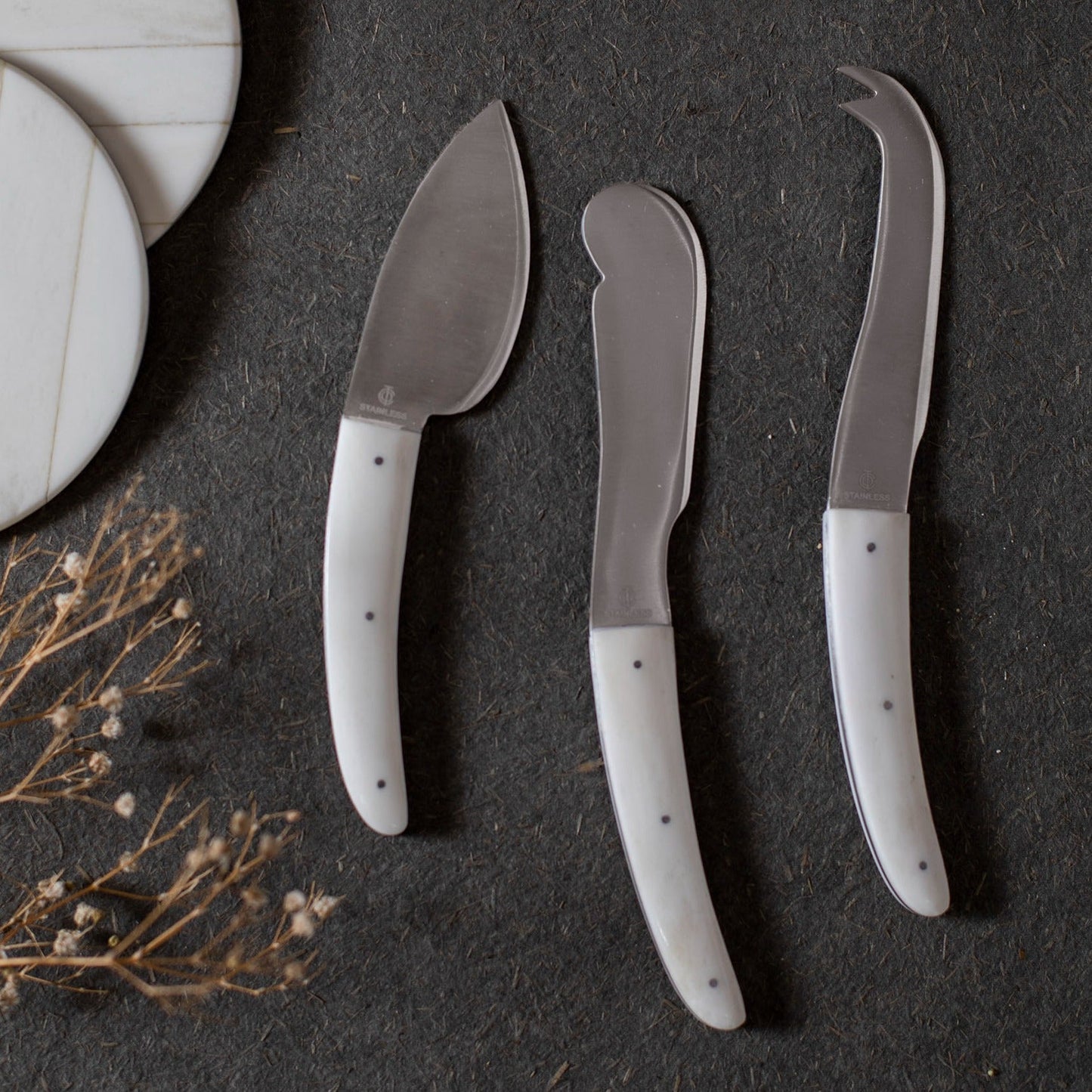 Blanco Cheese Tools Set of 3 - Coastal Bone Handle Stainless Steel Cheese Knives, Beach House Entertaining Gift