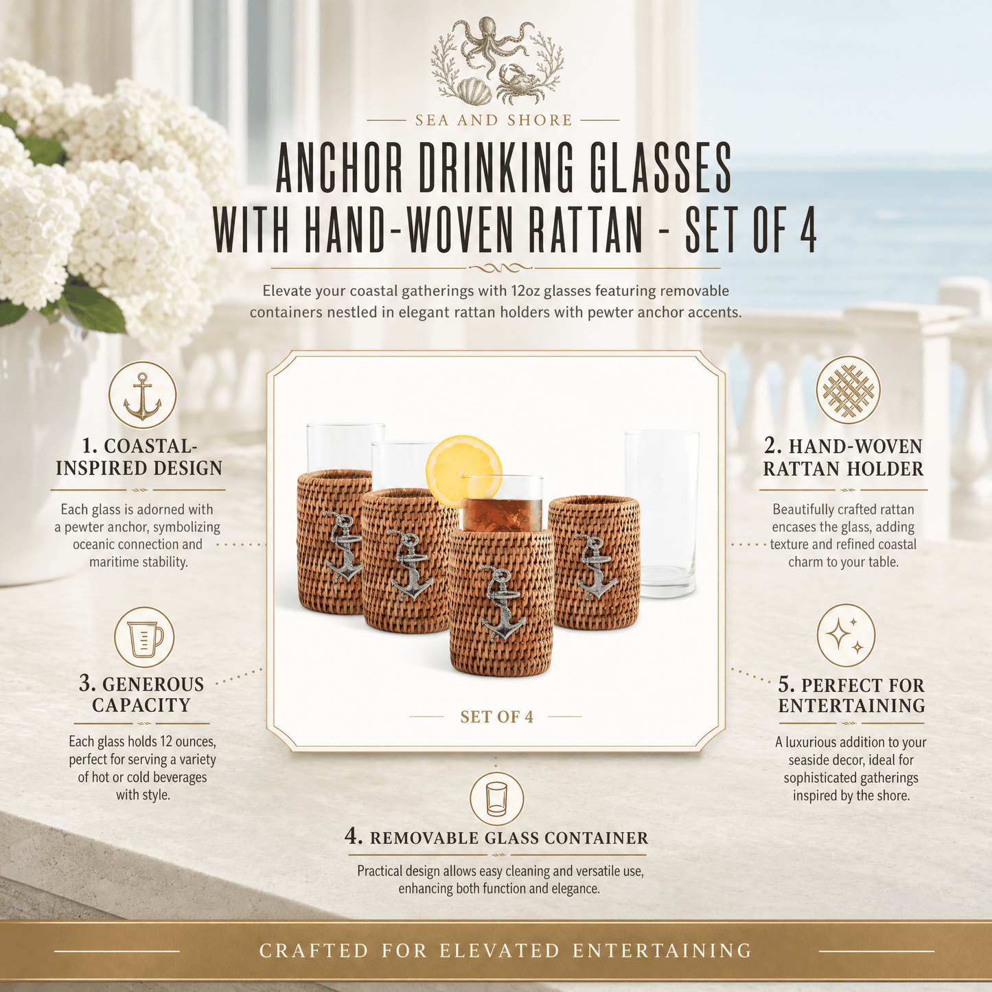 Anchor Rattan Drinking Glasses, Set of 4