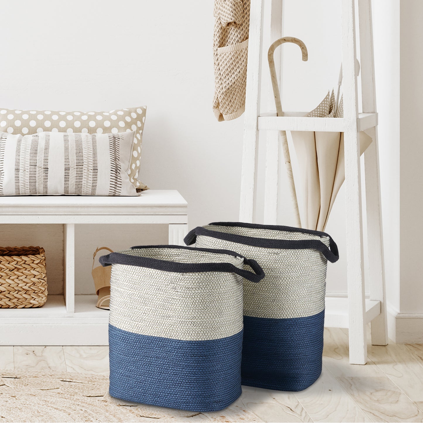 Ayden Baskets with Handles Set of 2 - Coastal Handwoven Paper Cane Storage Baskets with Handles, Beach House Decor & Organization