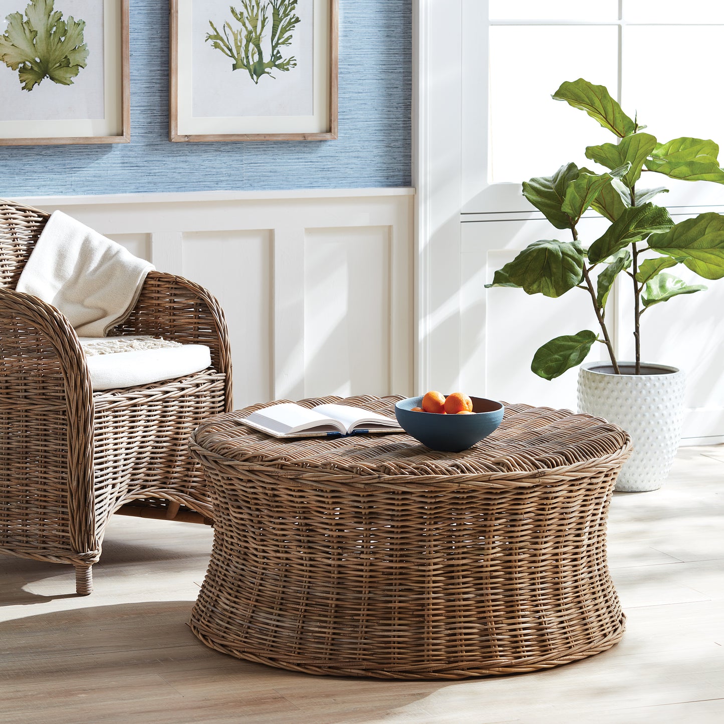 Normandy Rattan Coffee Table - Coastal Round Coffee Table, Beach House Living Room Furniture