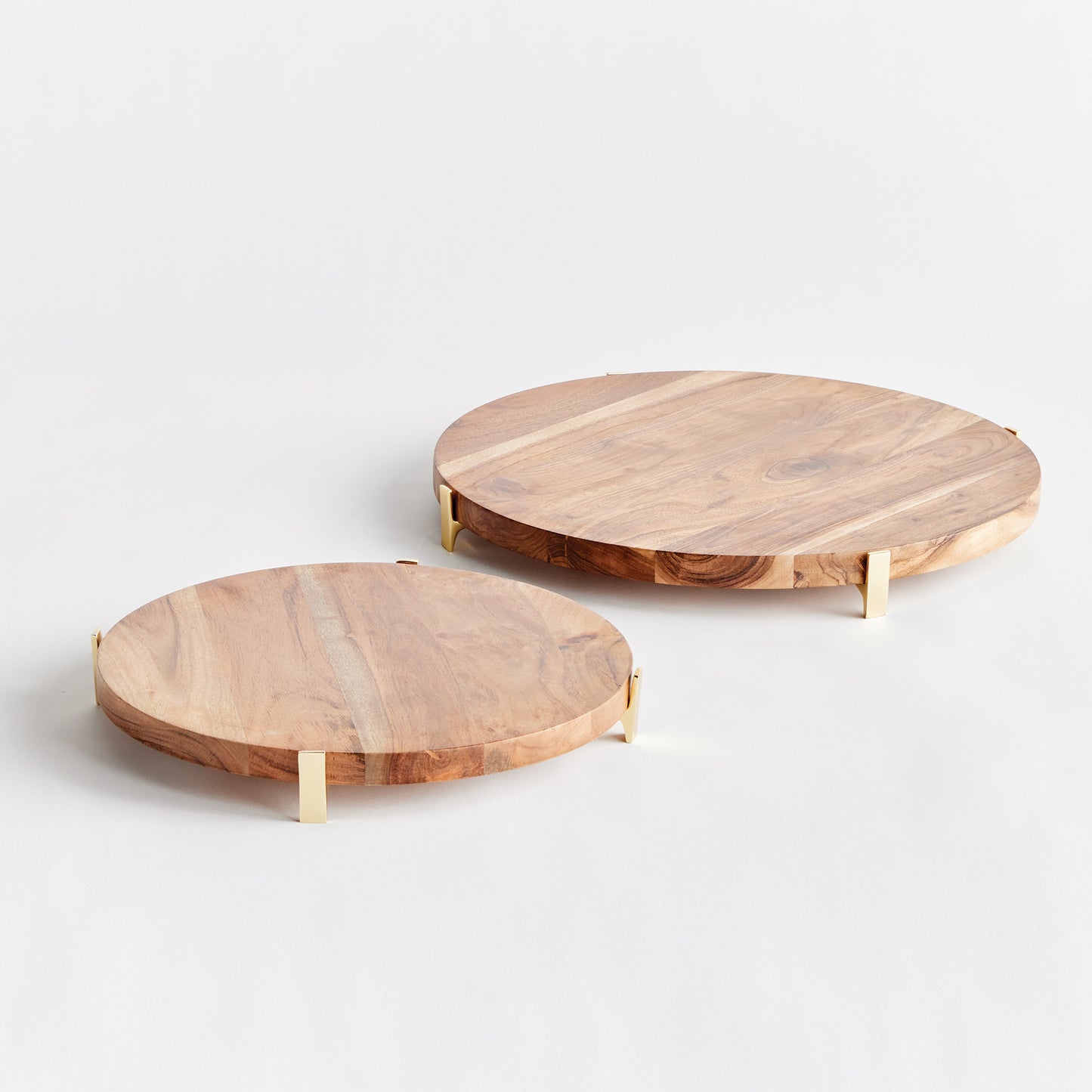 Cherie Round Serving Boards Set of 2 - Coastal Acacia Wood Serving Boards on Gold Iron Stands, Beach House Entertaining