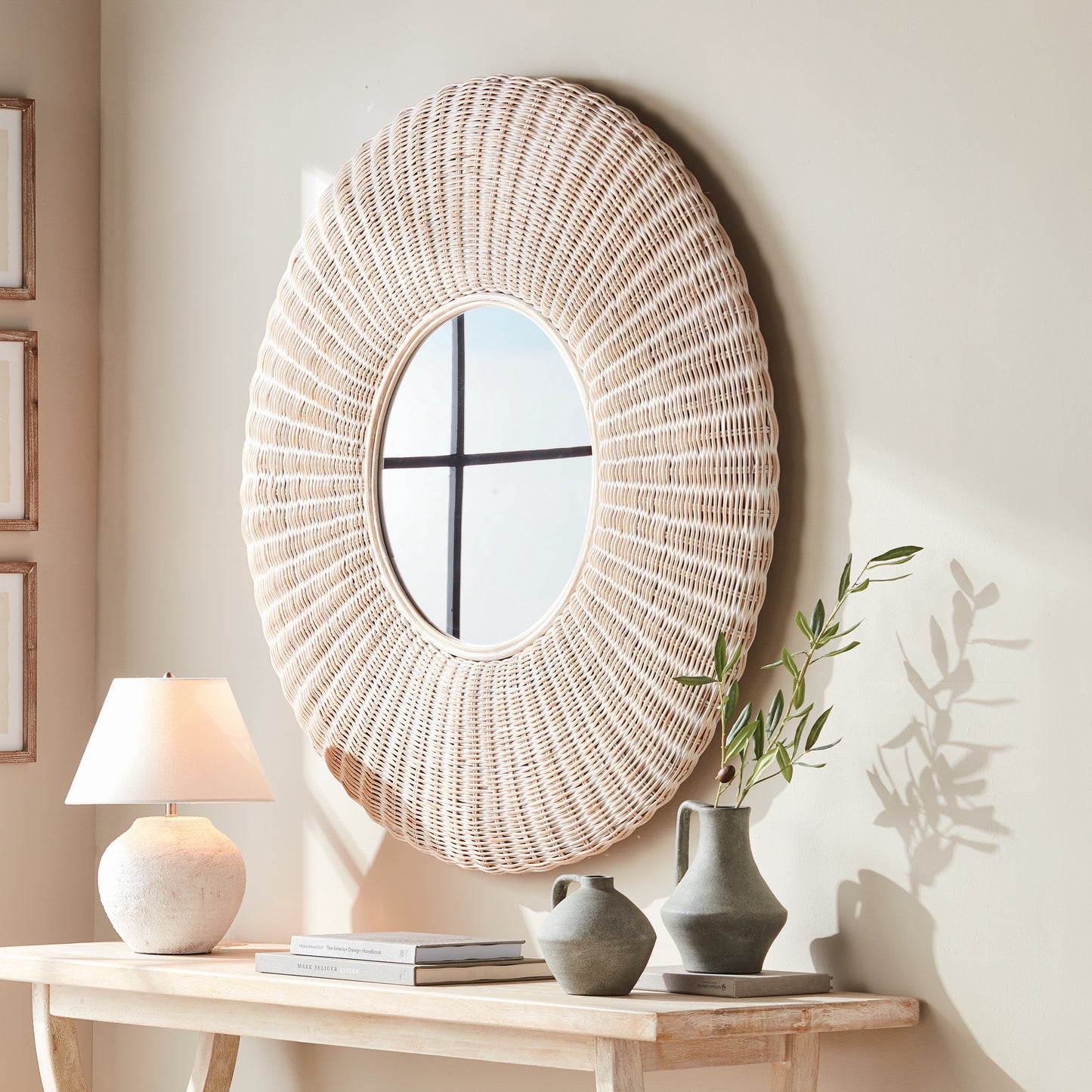 Whitehall Rattan Mirror – Large 44" Round Whitewash