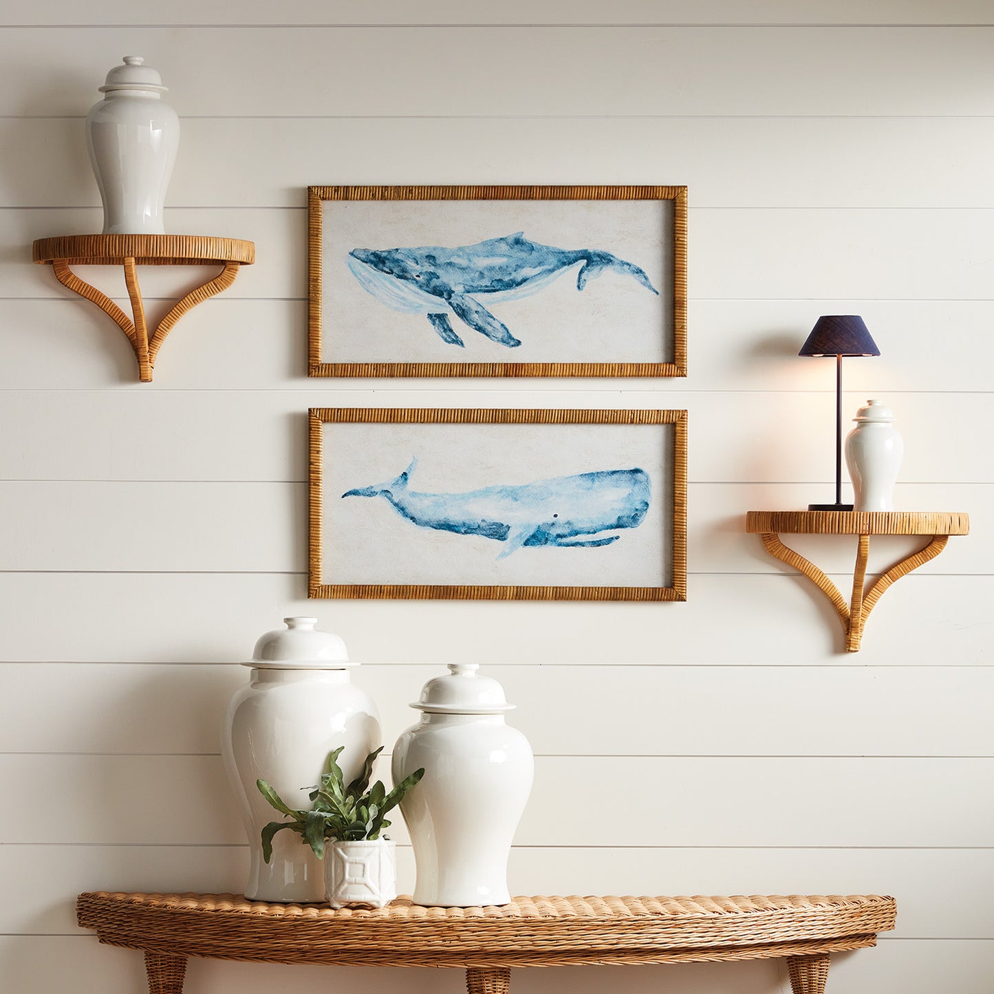 Whale of a Pair Prints Set of 2 - Coastal Whale Wall Art with Cane Frame, Beach House & Coastal Cottage Decor