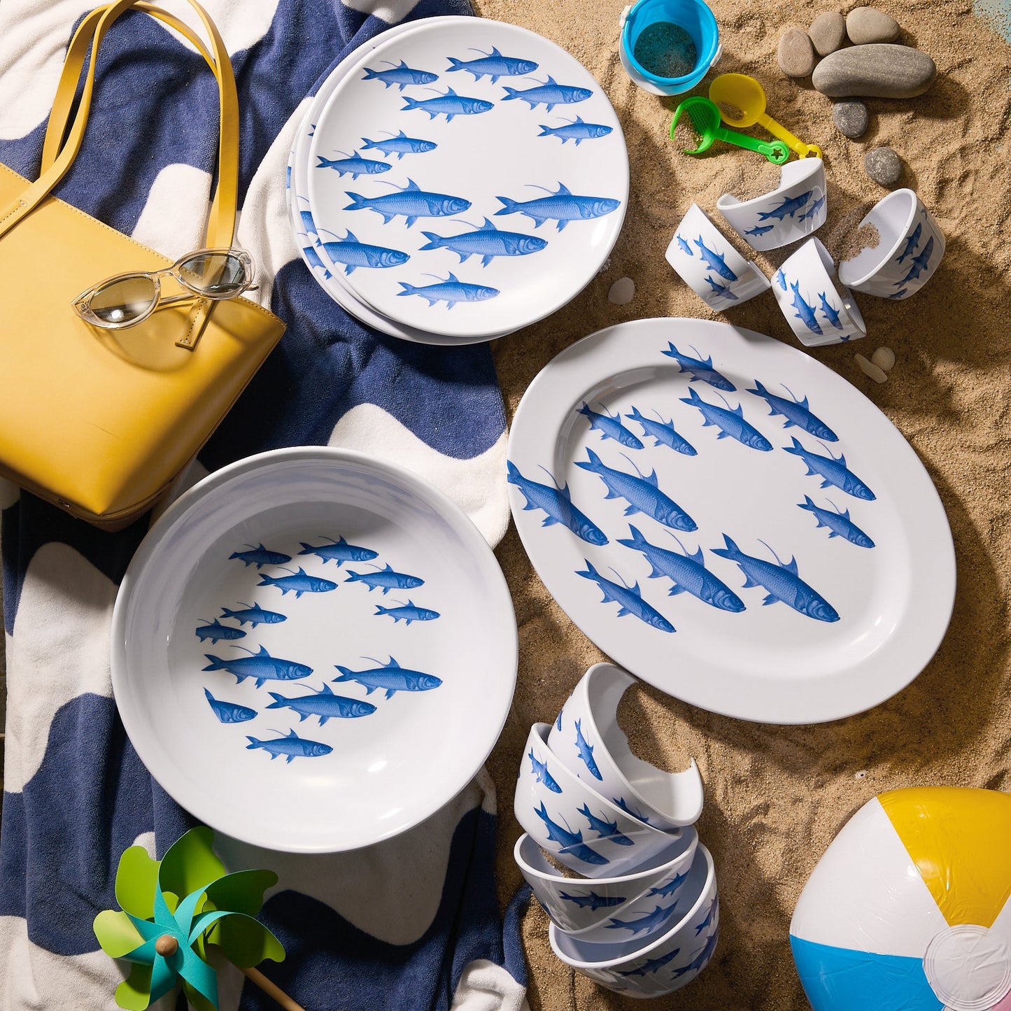 School of Fish Melamine Oval Rimmed Platter - Coastal BPA-Free Melamine Outdoor Platter, Beach House Entertaining