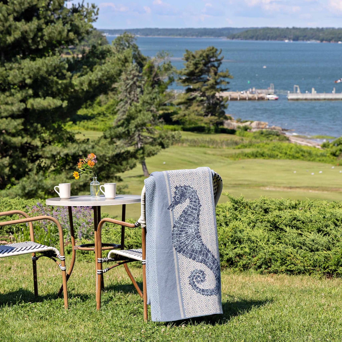 Seahorse Square Sustainable Coastal Knit Throw Blanket