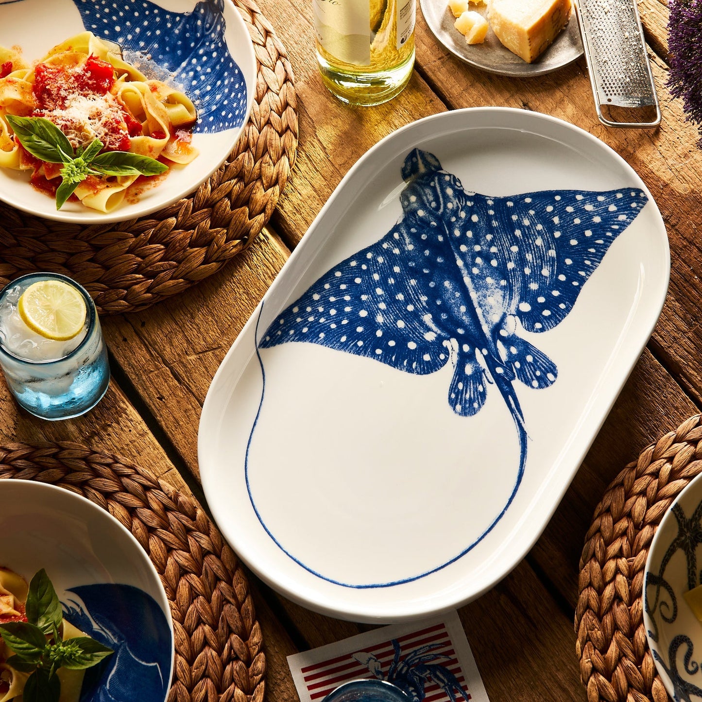 Ray the Stingray Large Coupe Oval Platter - Coastal Porcelain Serving Platter, Beach House Entertaining