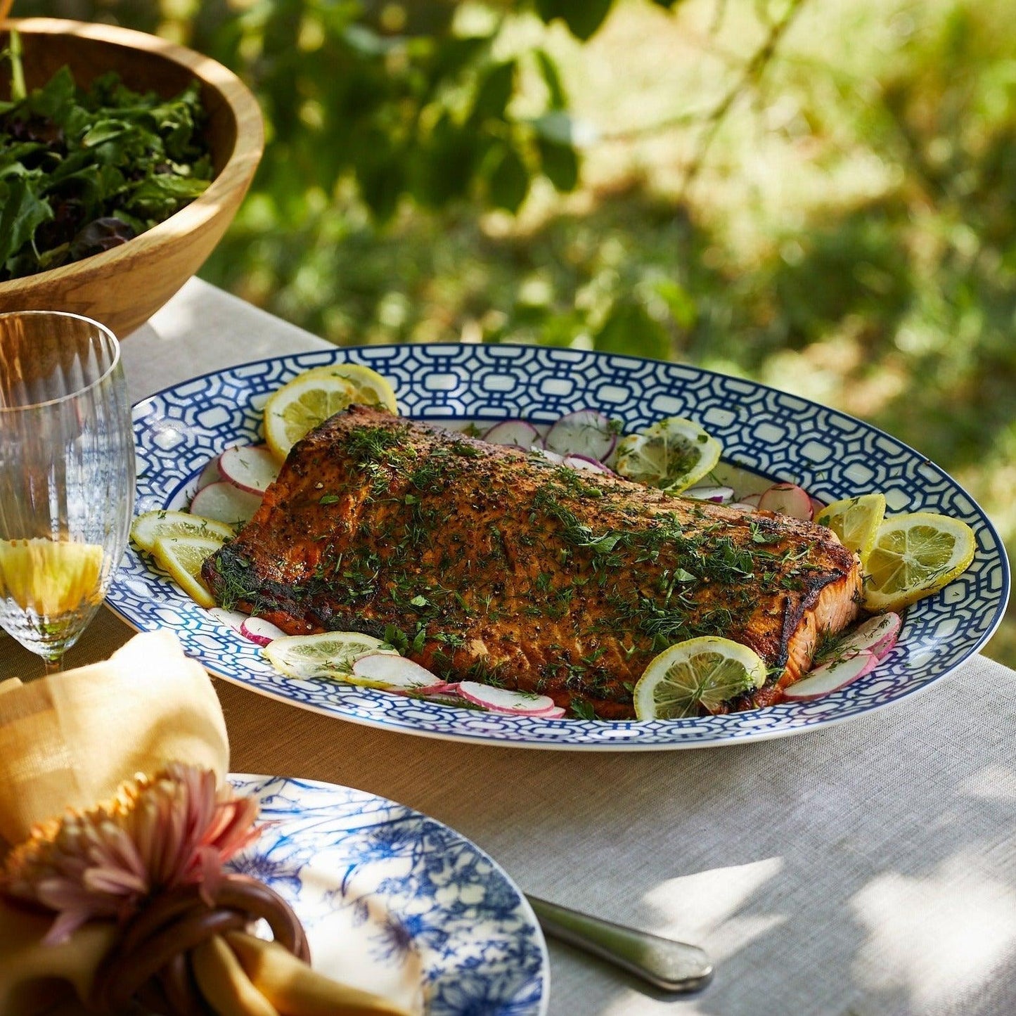 a plate of food on a table outside