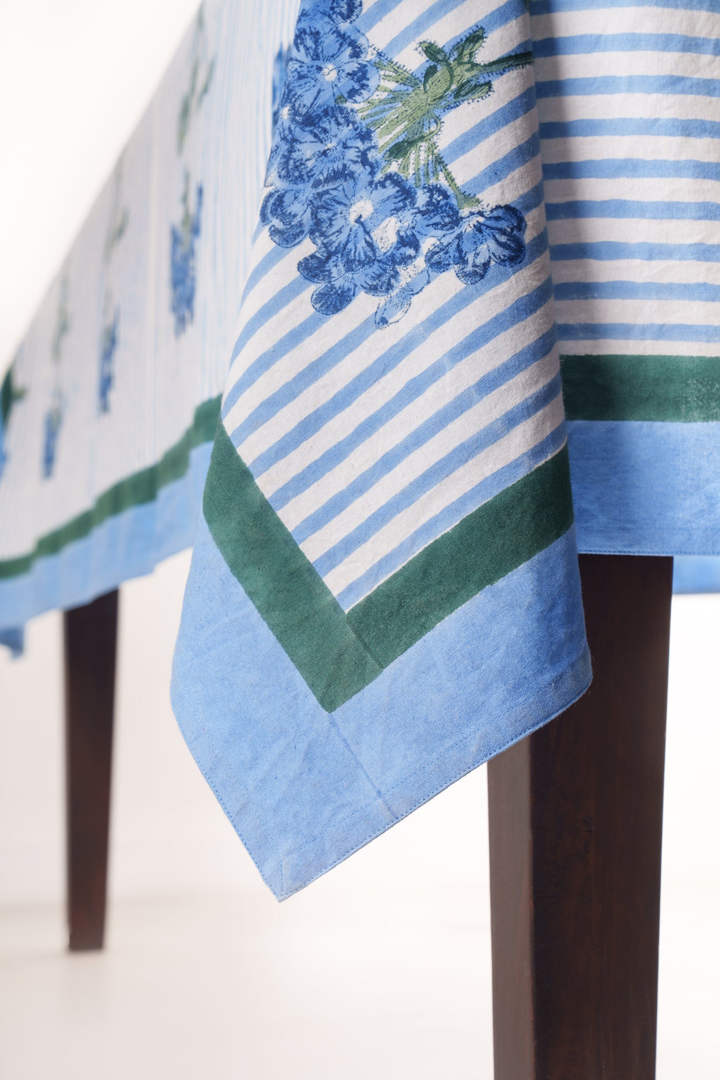 Blue Hydrangea Blockprint Tablecloth - Coastal Artisan Cotton Table Linen, Beach House Dining