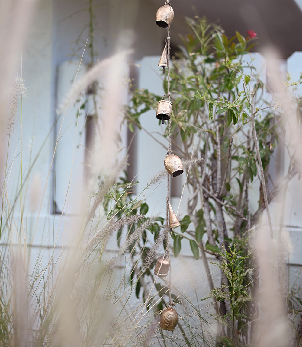 Rustic Bell Hanging Garland - Coastal Boho Hand-Tuned Fair Trade Bell Garland, Beach House & Patio Decor