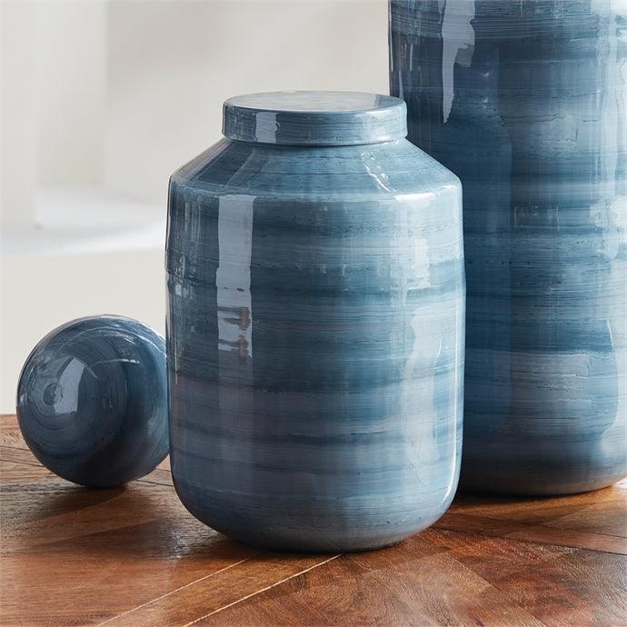 Two hand painted blue ginger jars with a painted blue ball