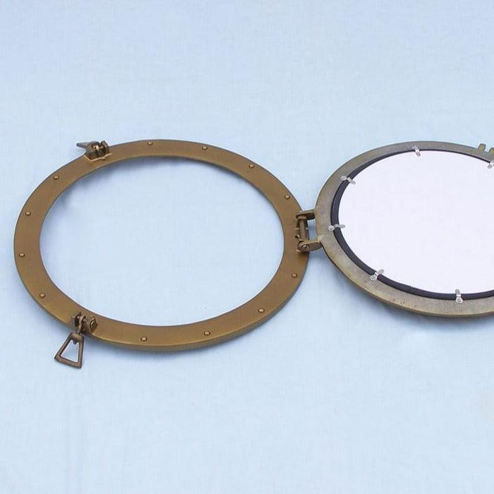 Antique Brass Porthole Mirror with Deluxe Nautical Design - 24 Inch - Surfside Chic Decor
