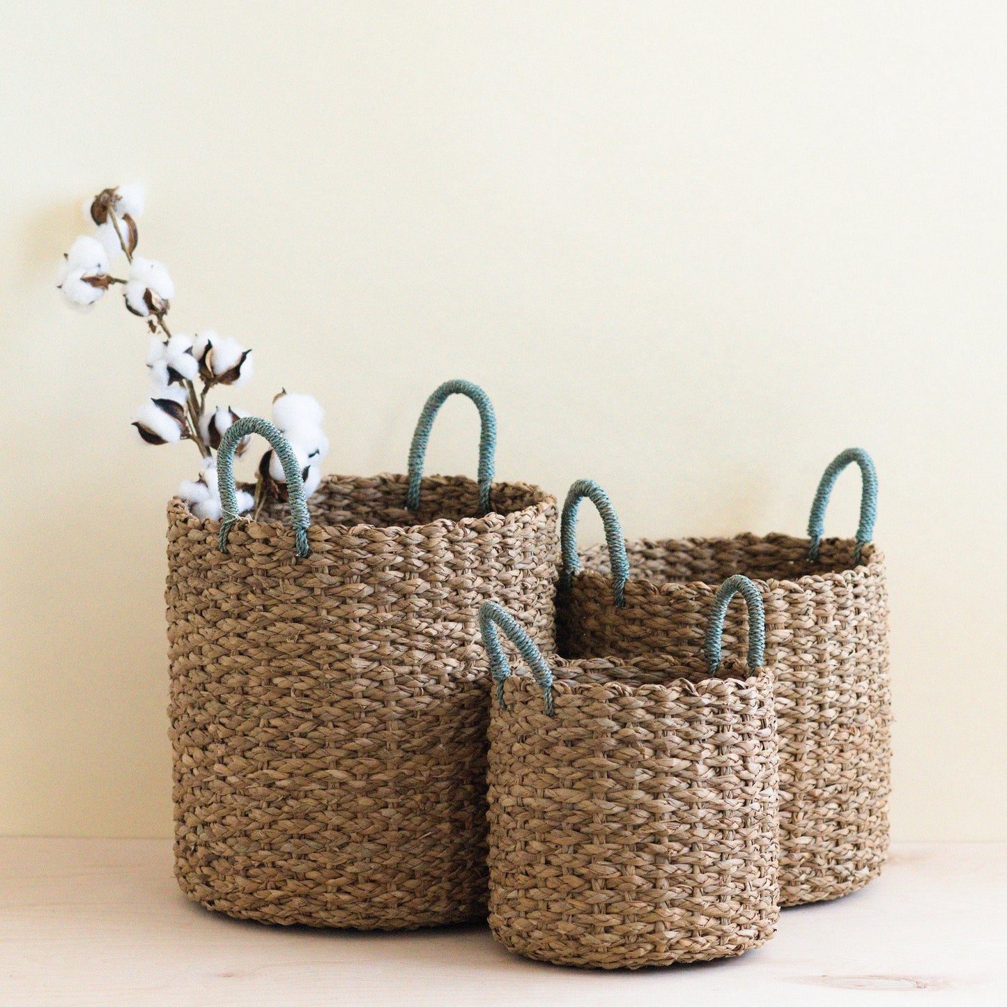 Seagrass Woven Baskets with Sky Blue Handle Set of 3