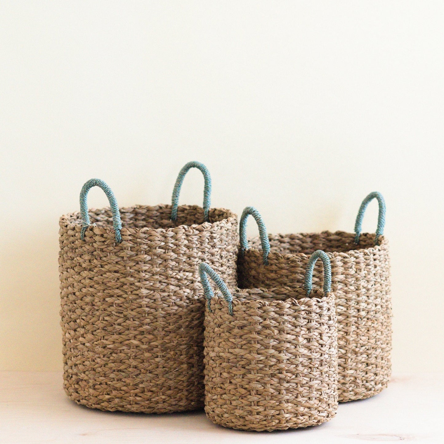 Seagrass Woven Baskets with Sky Blue Handle Set of 3