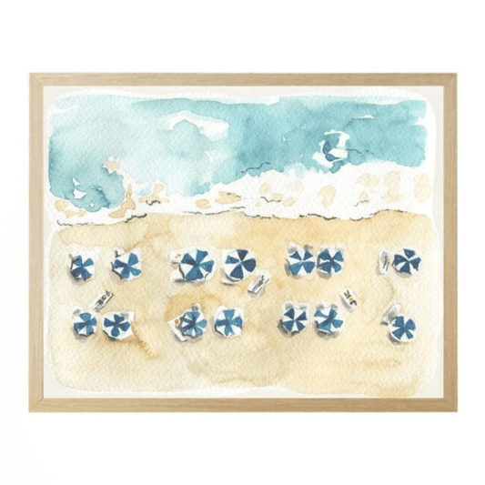 a painting of a beach with blue and white umbrellas
