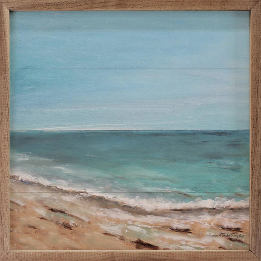 painting of a beach with blue water and sky