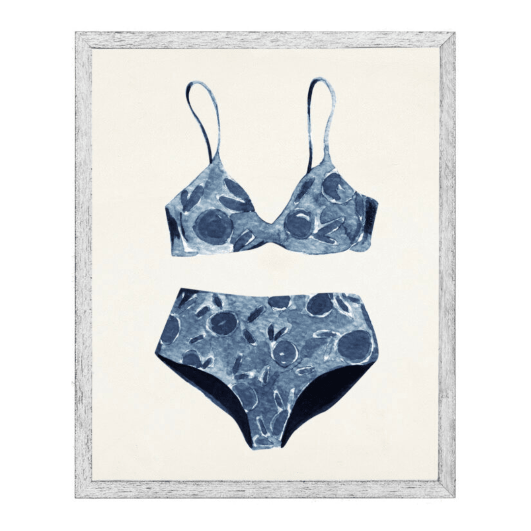 blue bathing suit with gray frame beach artwork