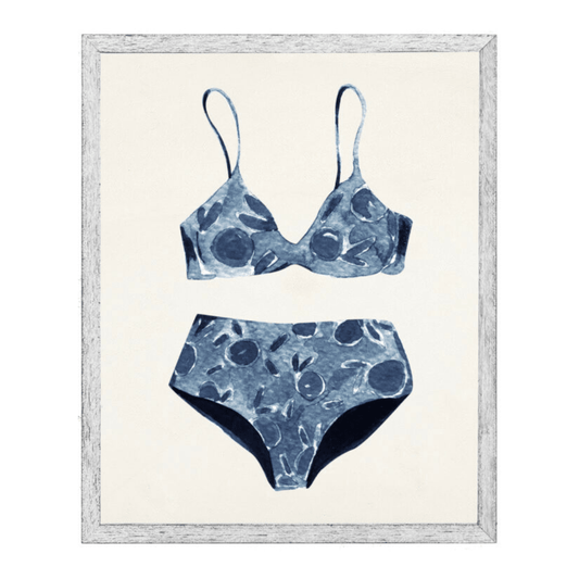 blue bathing suit with gray frame beach artwork