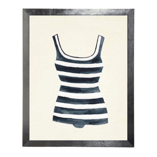 Blue and White Striped Bathing Suit Artwork Copper Black Frame