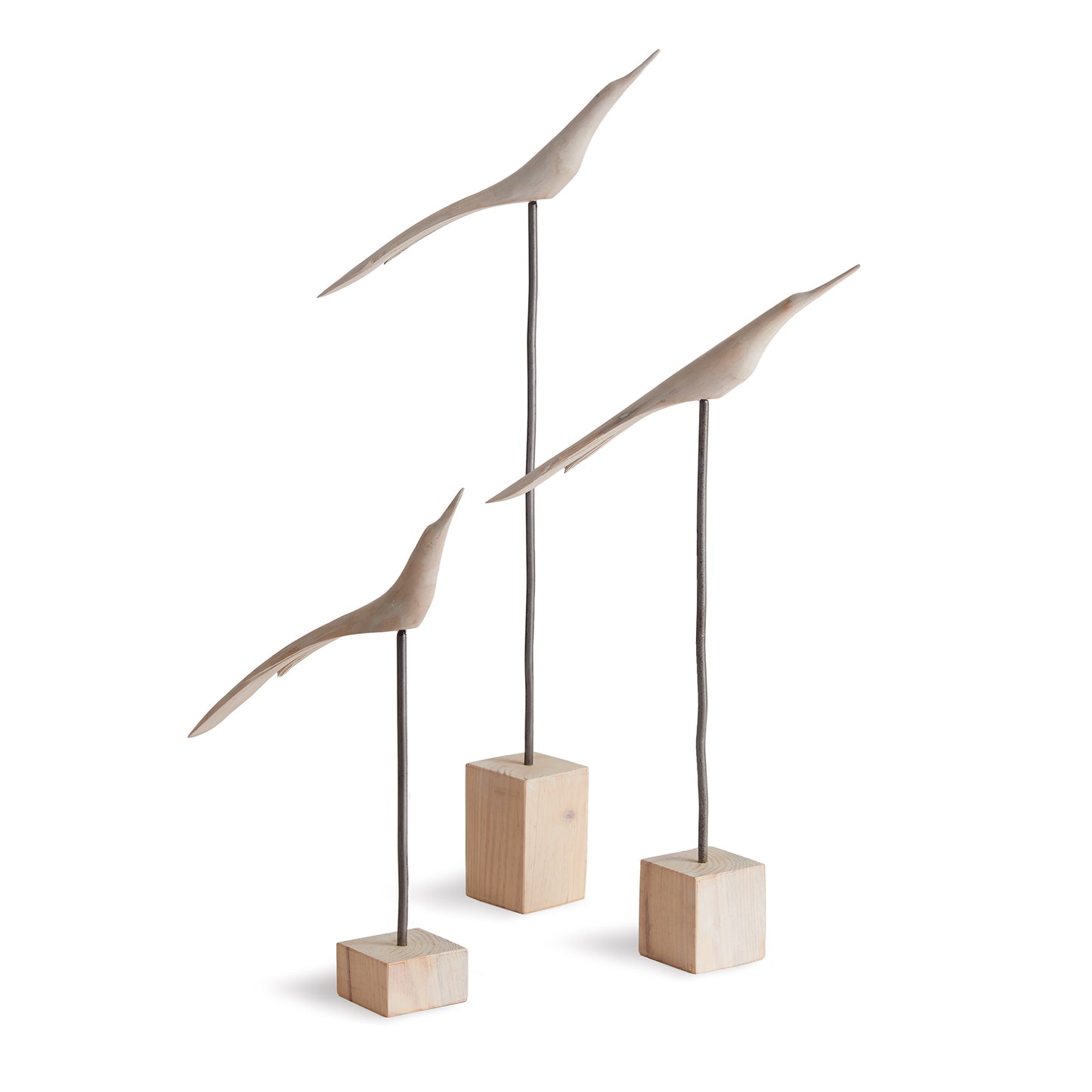 three wooden birds on stands