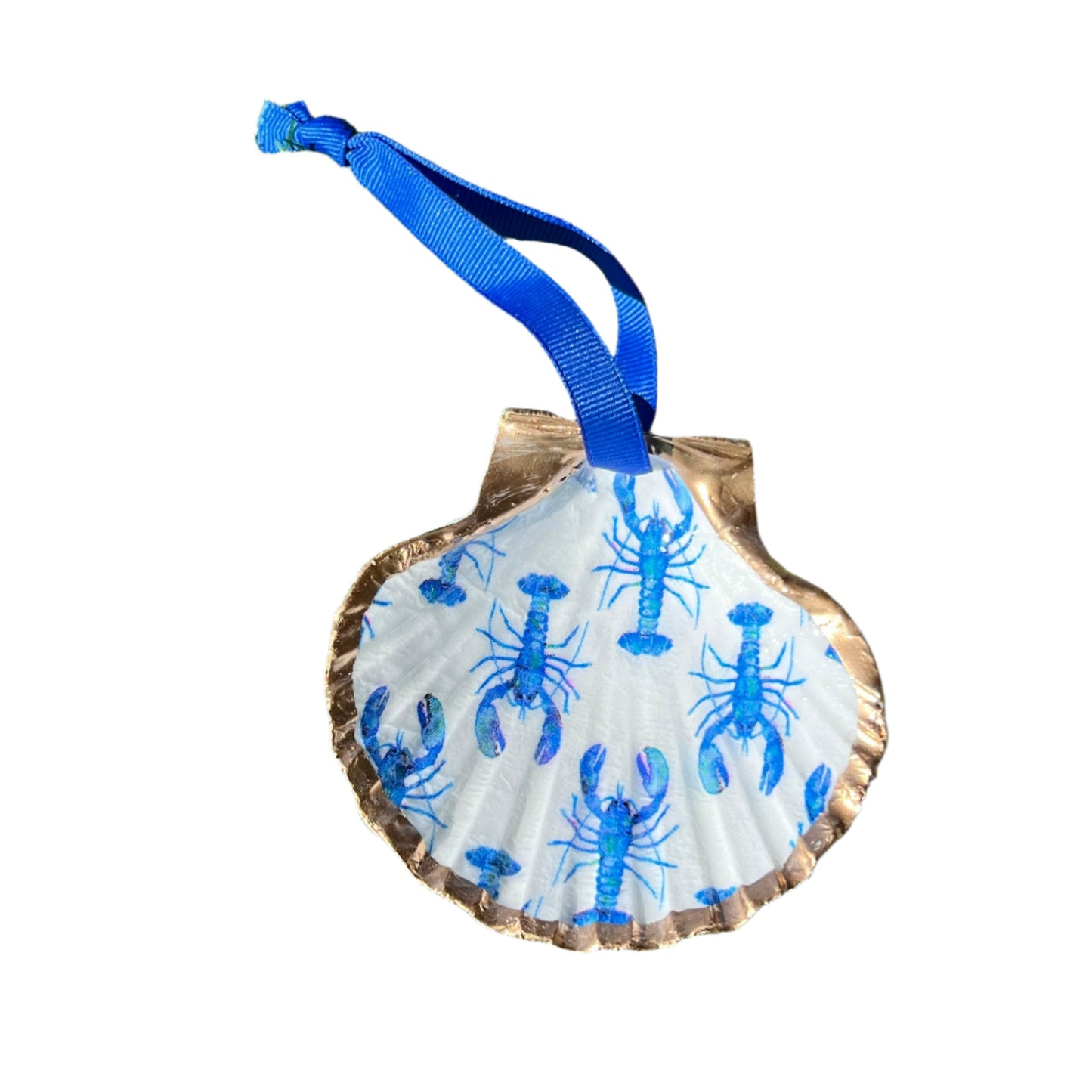 Gold shell painted white with blue lobsters