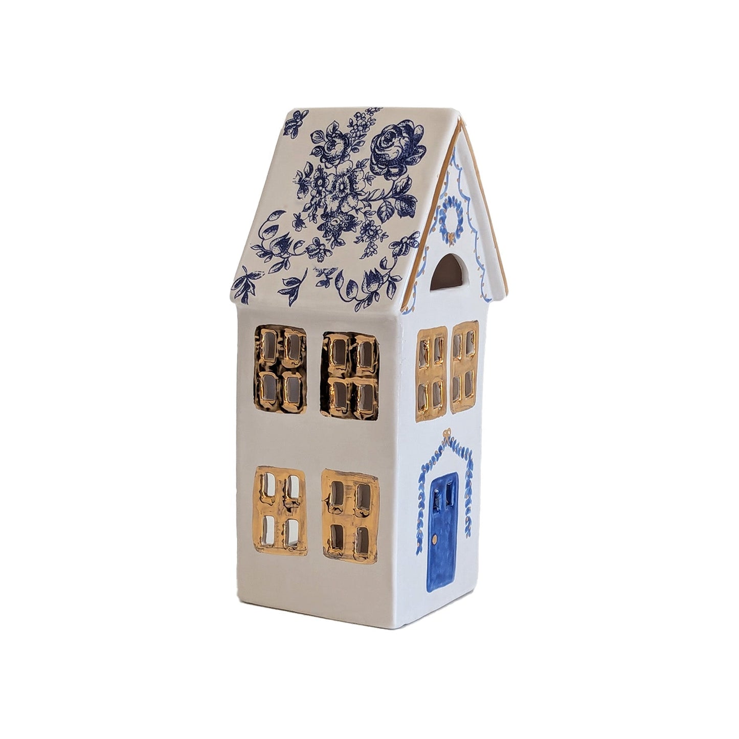 Blue and White Toile Christmas Village 3-Piece Set with 22K Gold Accents