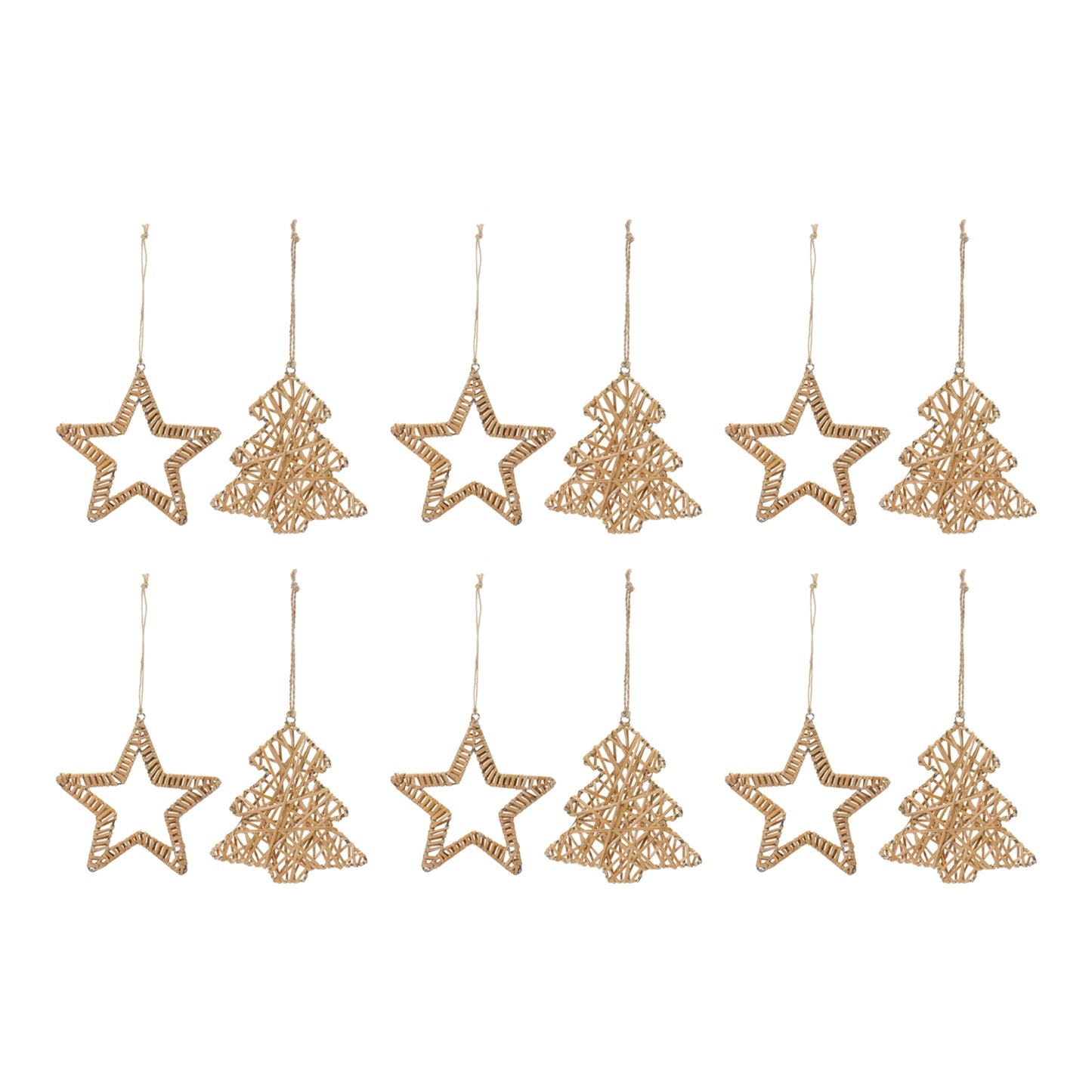 set of 12 rattan tree ornaments