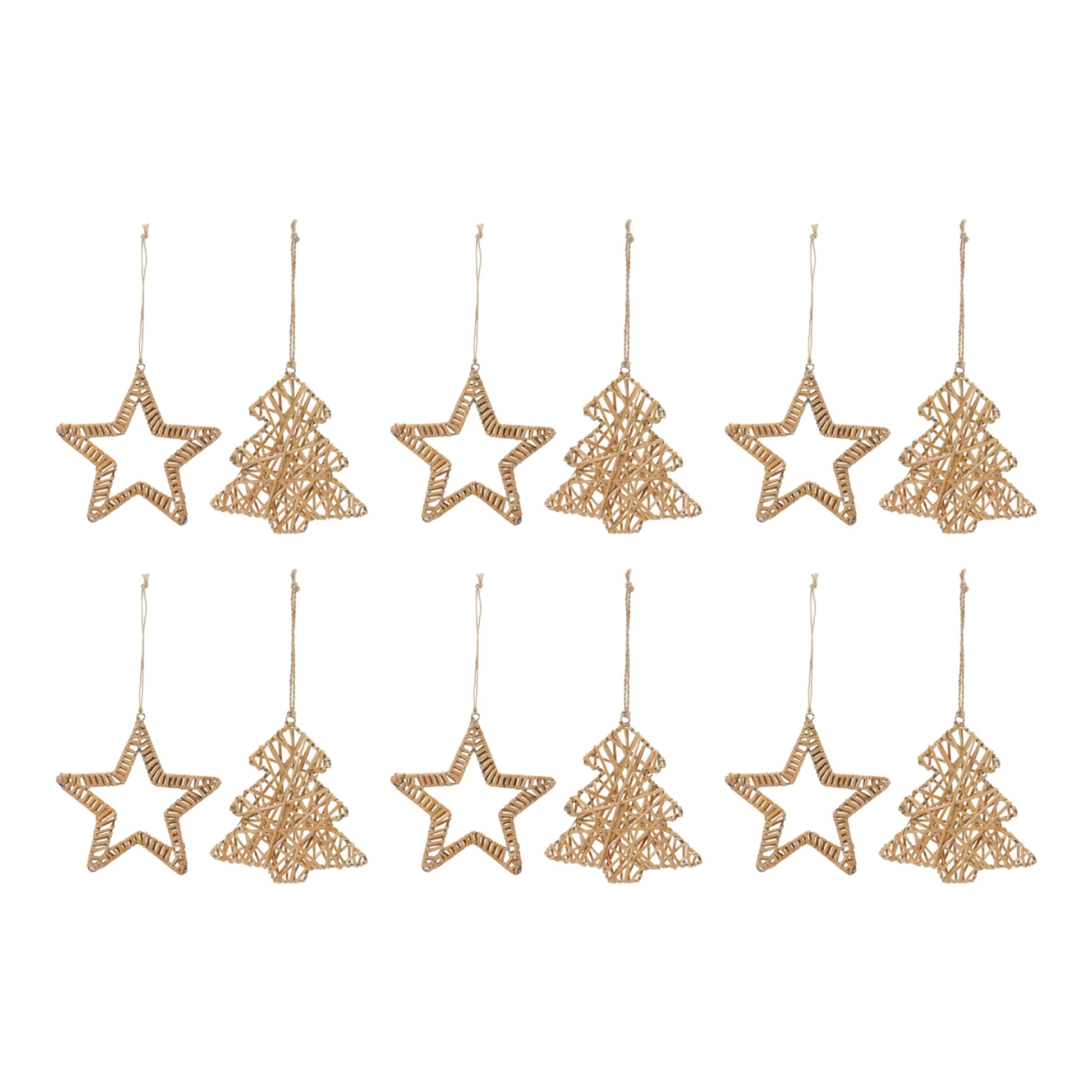 set of 12 rattan tree ornaments