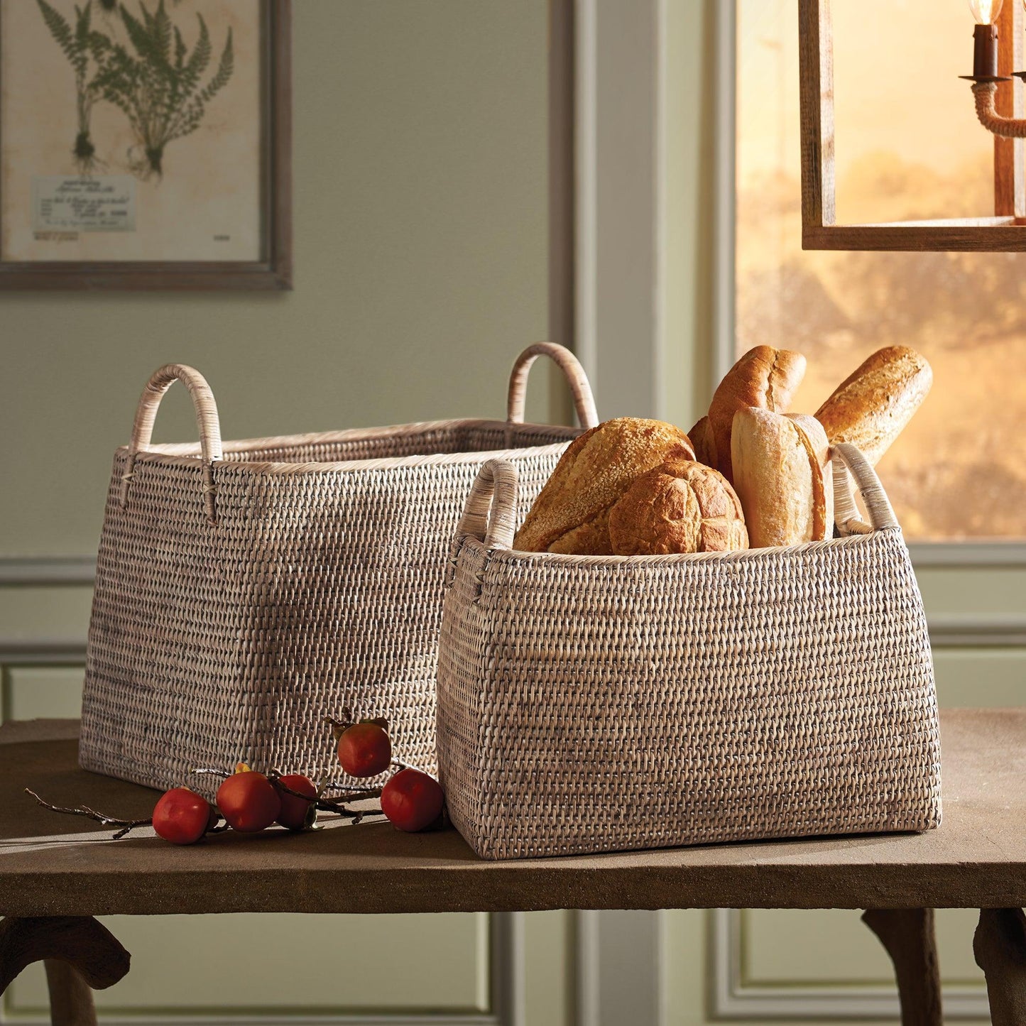 two baskets of bread sitting on top of a table