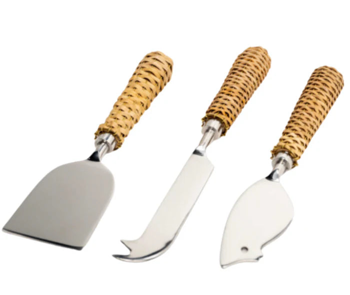 set of three cheese servers with rattan handles