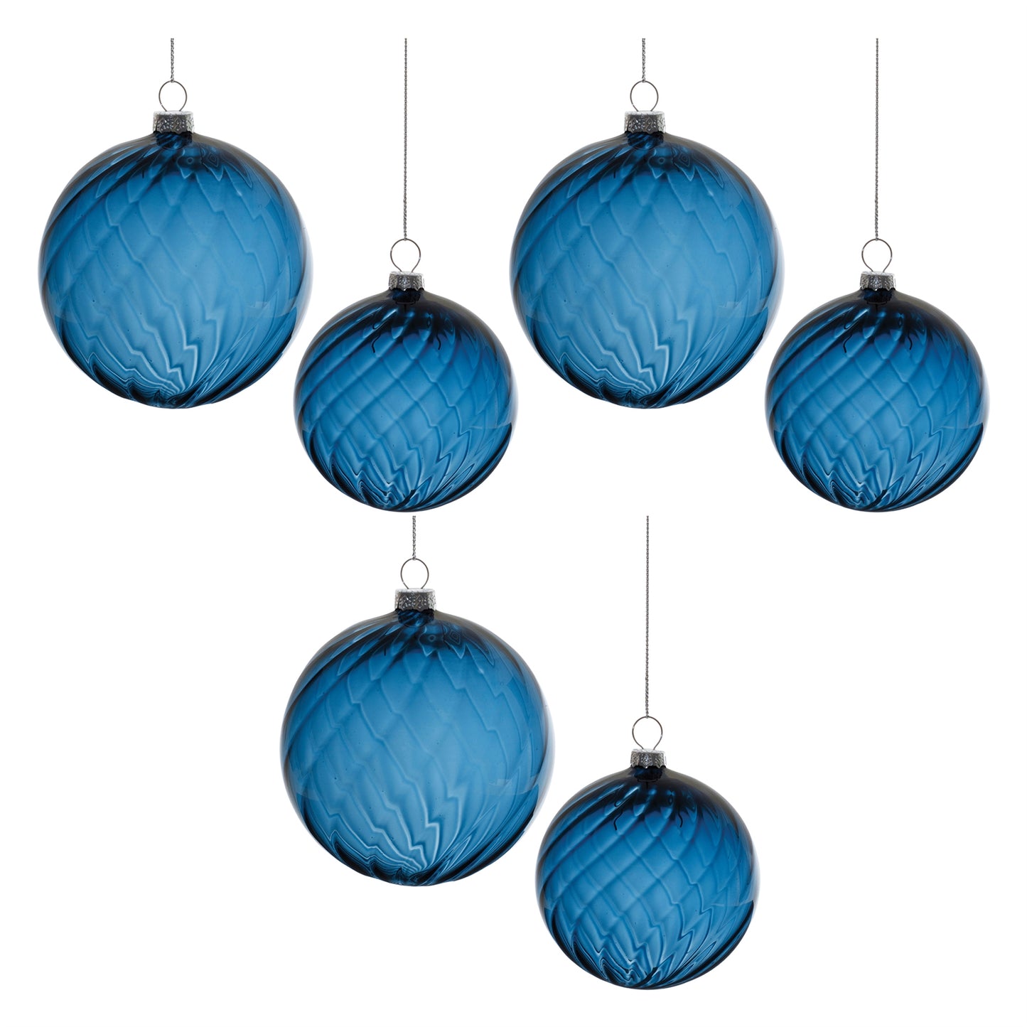 set of six blue christmas balls