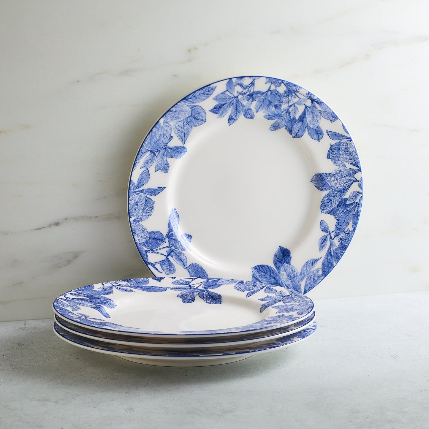 set of four blue and white dishes