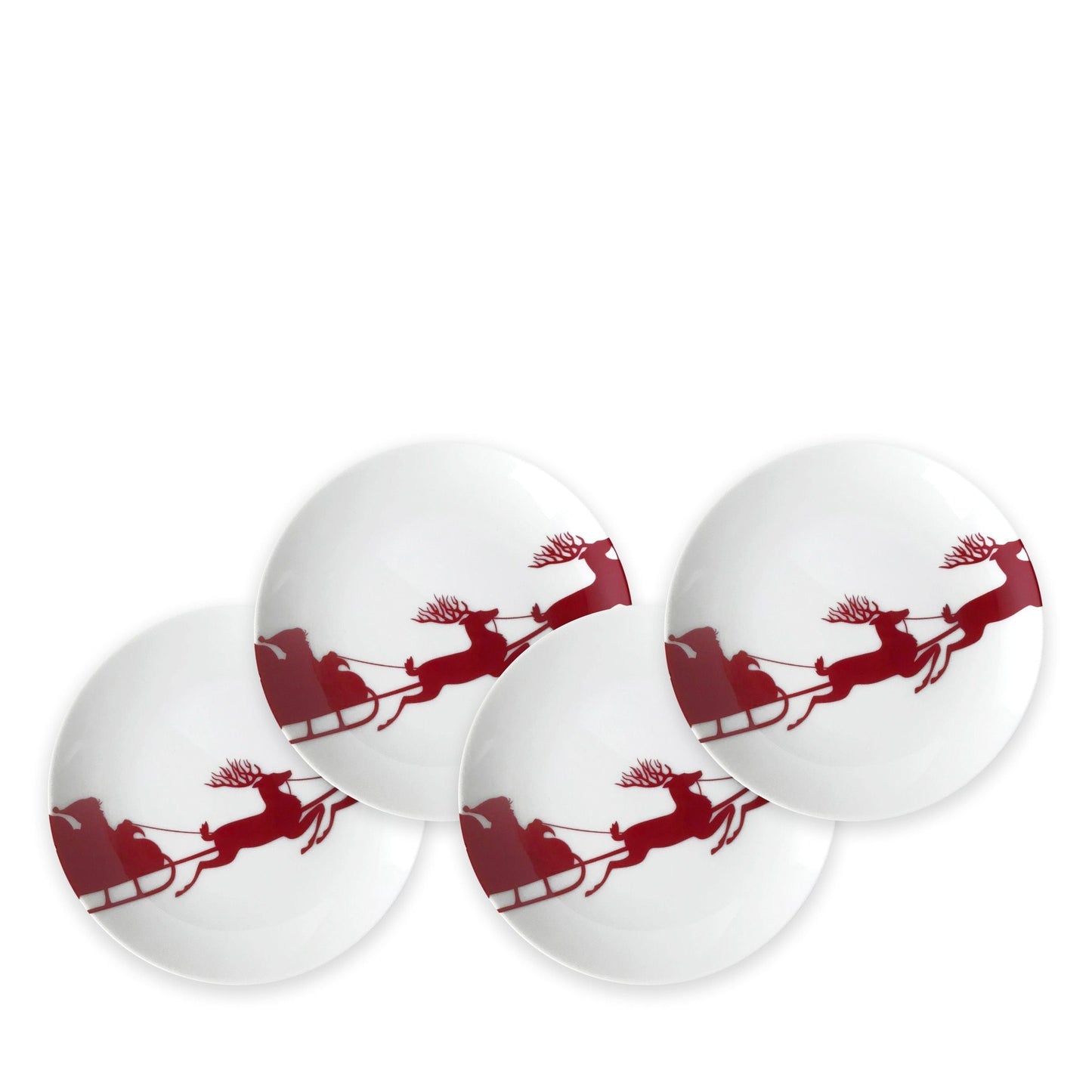 four white plates with red santa sleigh