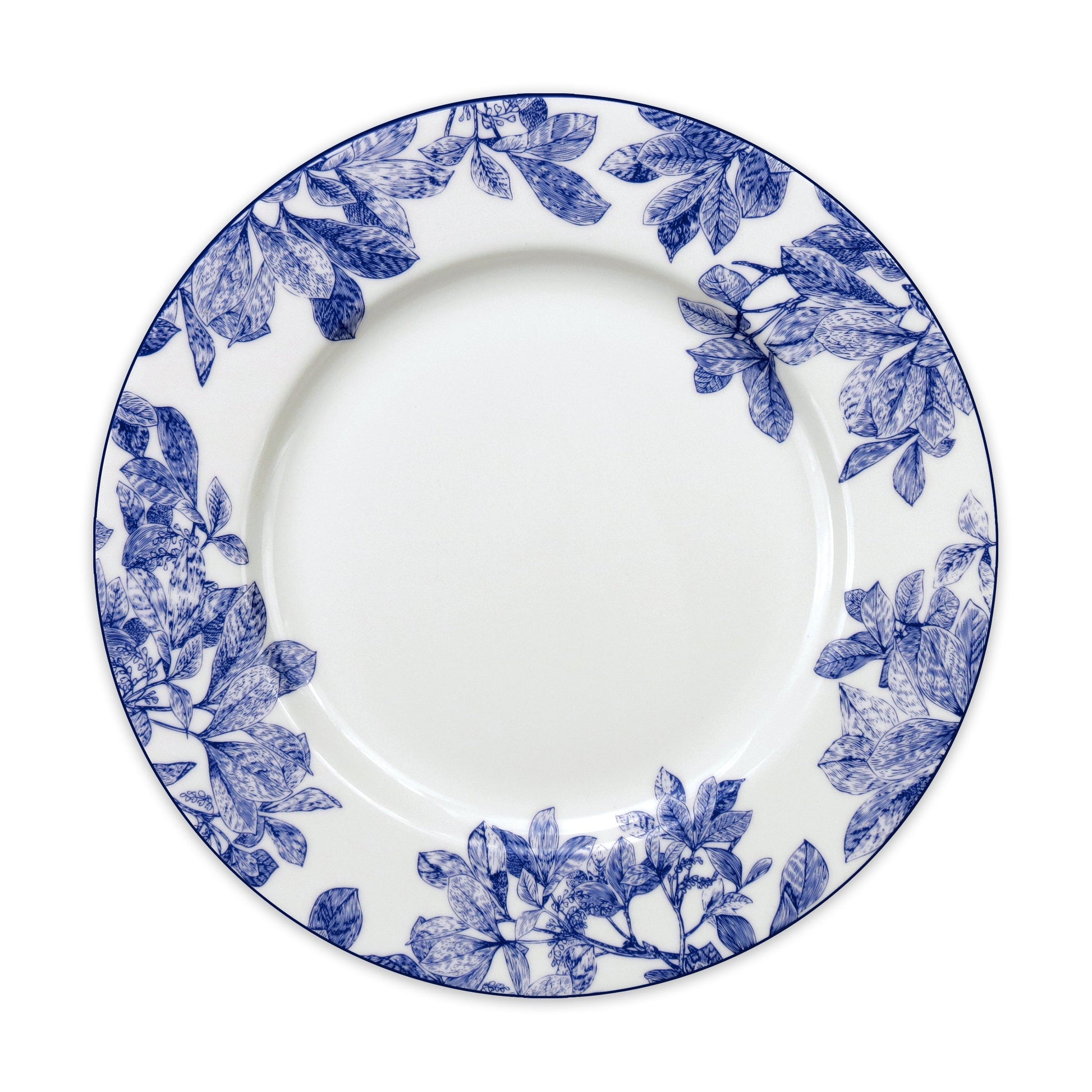 white plate with blue leaves