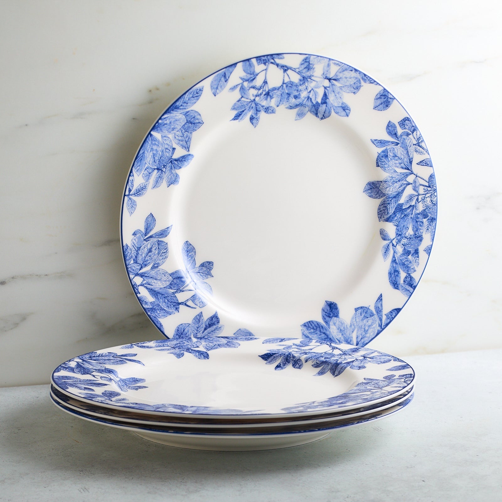 set of four blue and white plates