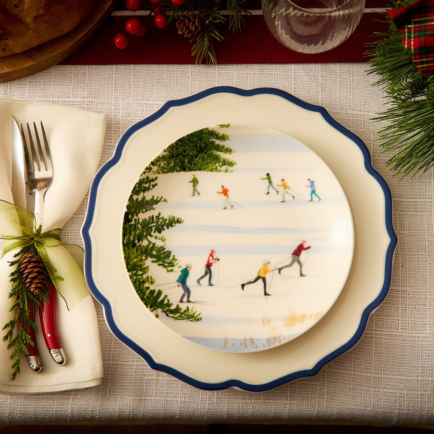 christmas salad plate on white scalloped plate with blue trim