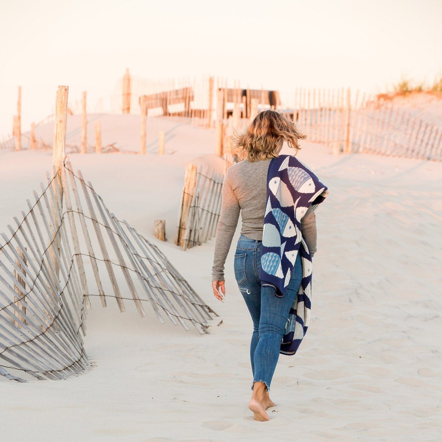 Cotton Sustainable Knit Throw Blanket - Coastal Big Fish, Beach House Bedroom & Living Room Decor