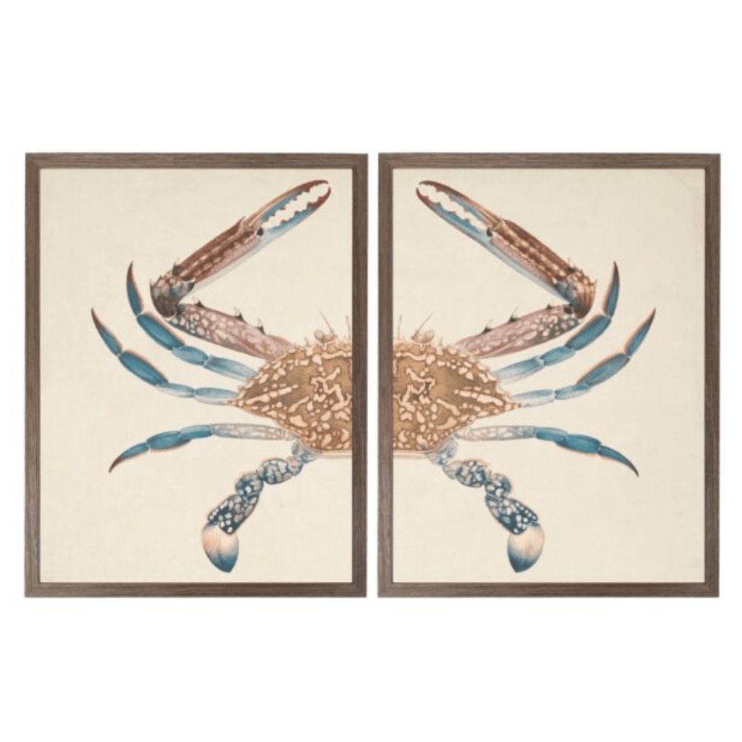 two paintings of a red and blue crab