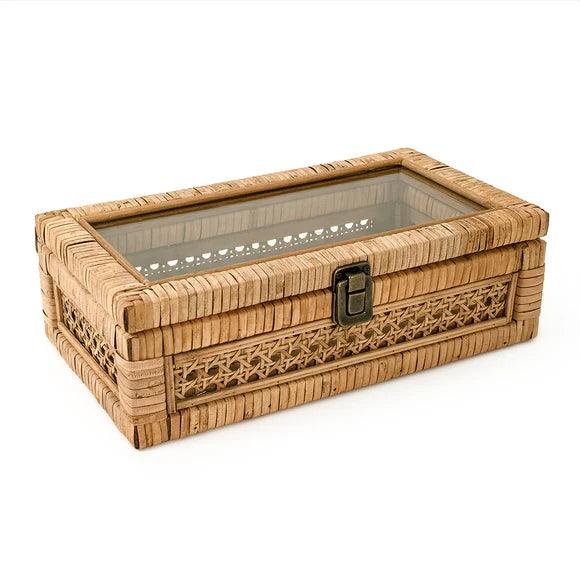 a rattan box with a glass top on a white background