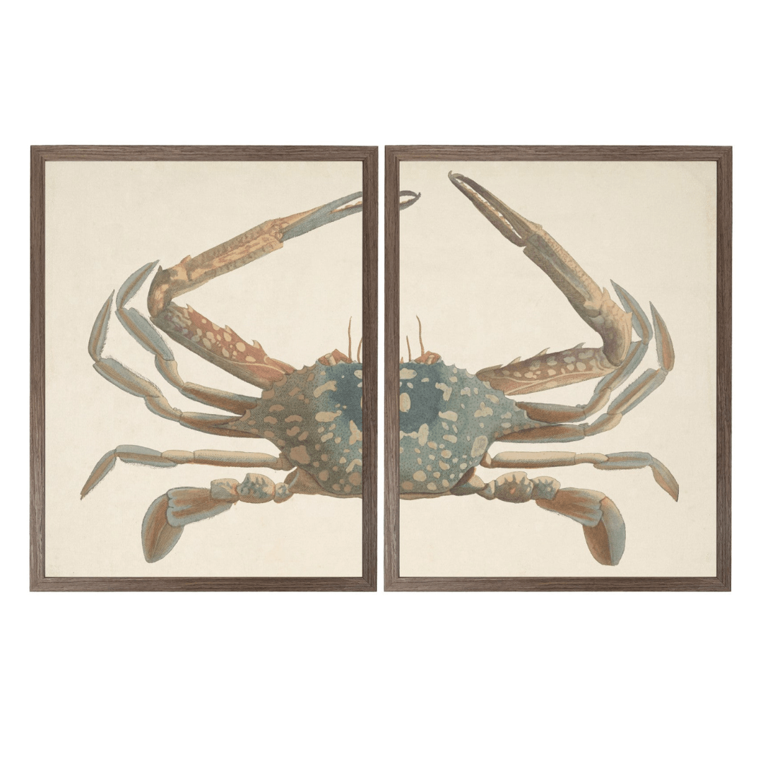 two paintings of a blue and red crab
