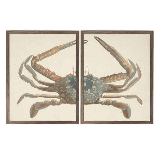 two paintings of a blue and red crab