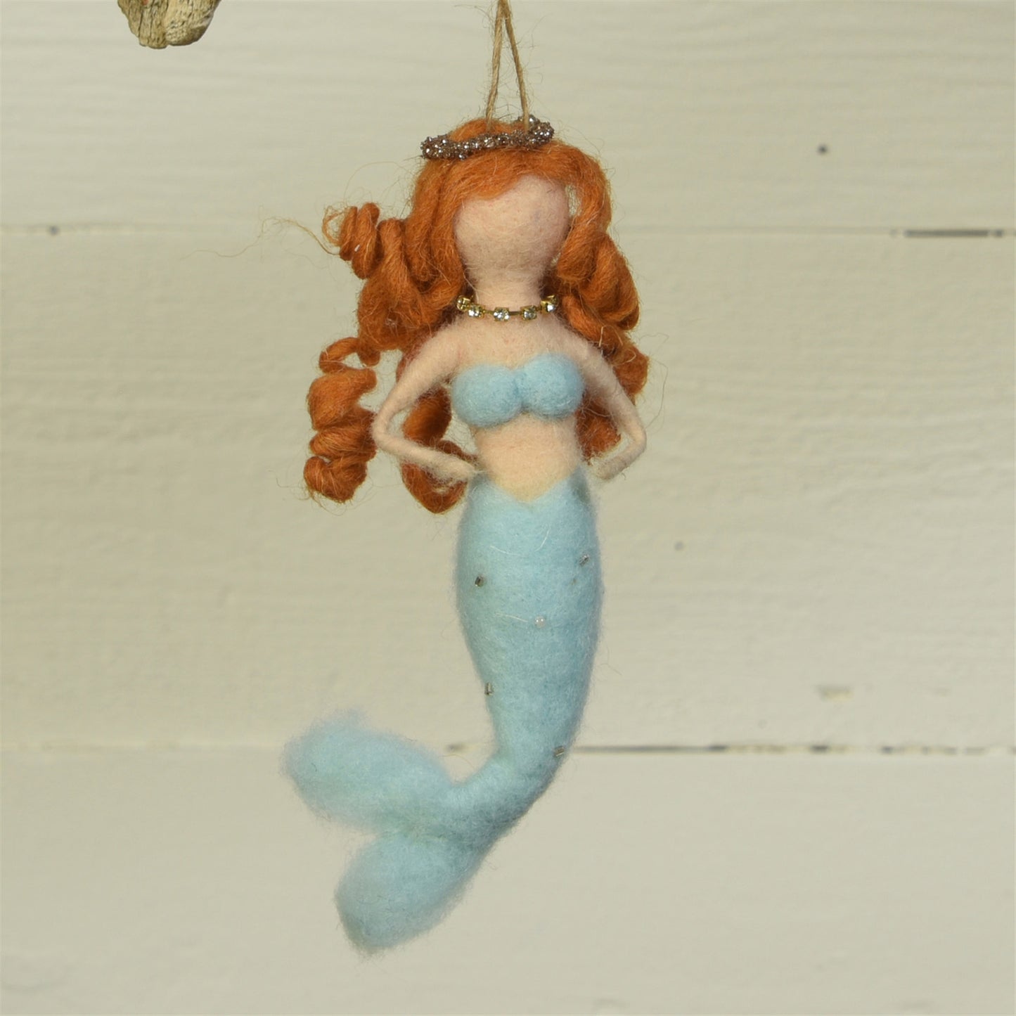 blue felt mermaid ornament with red hair