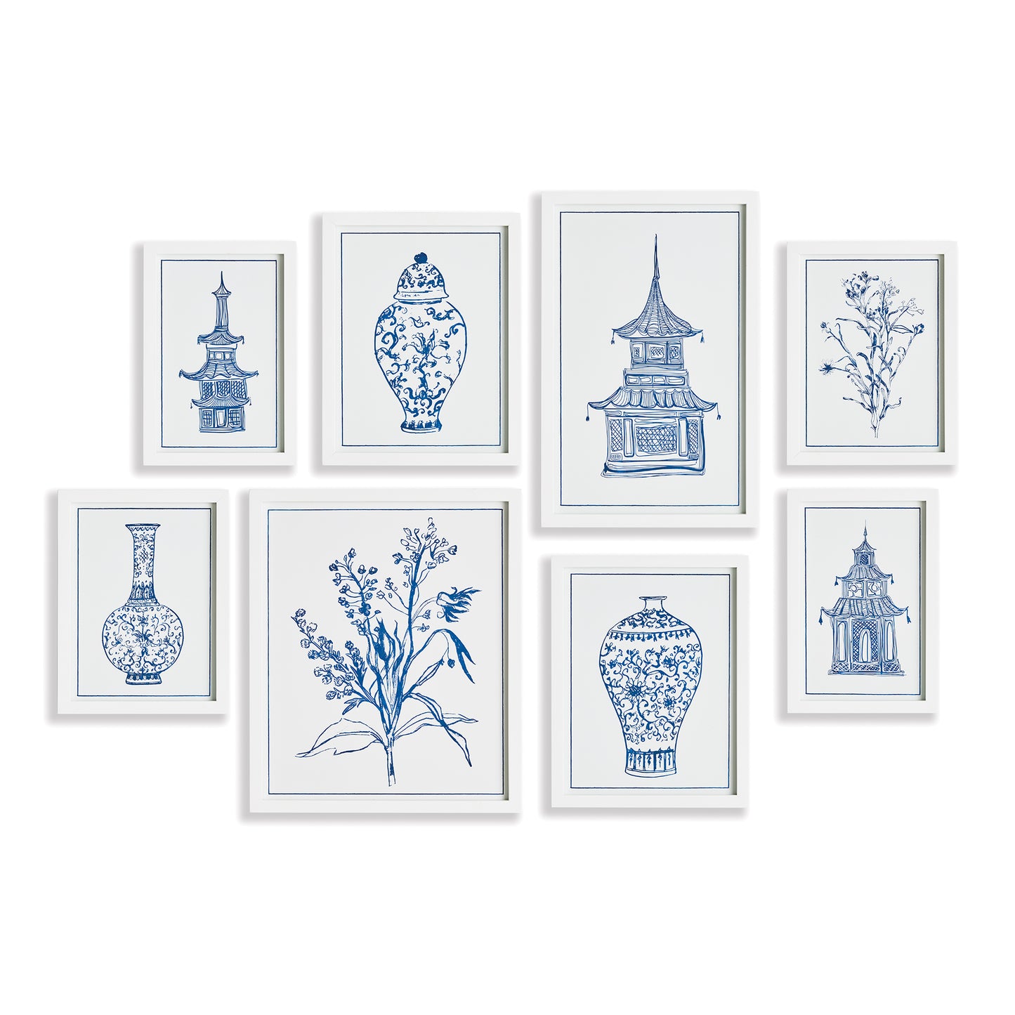 set of 8 blue and white art prints