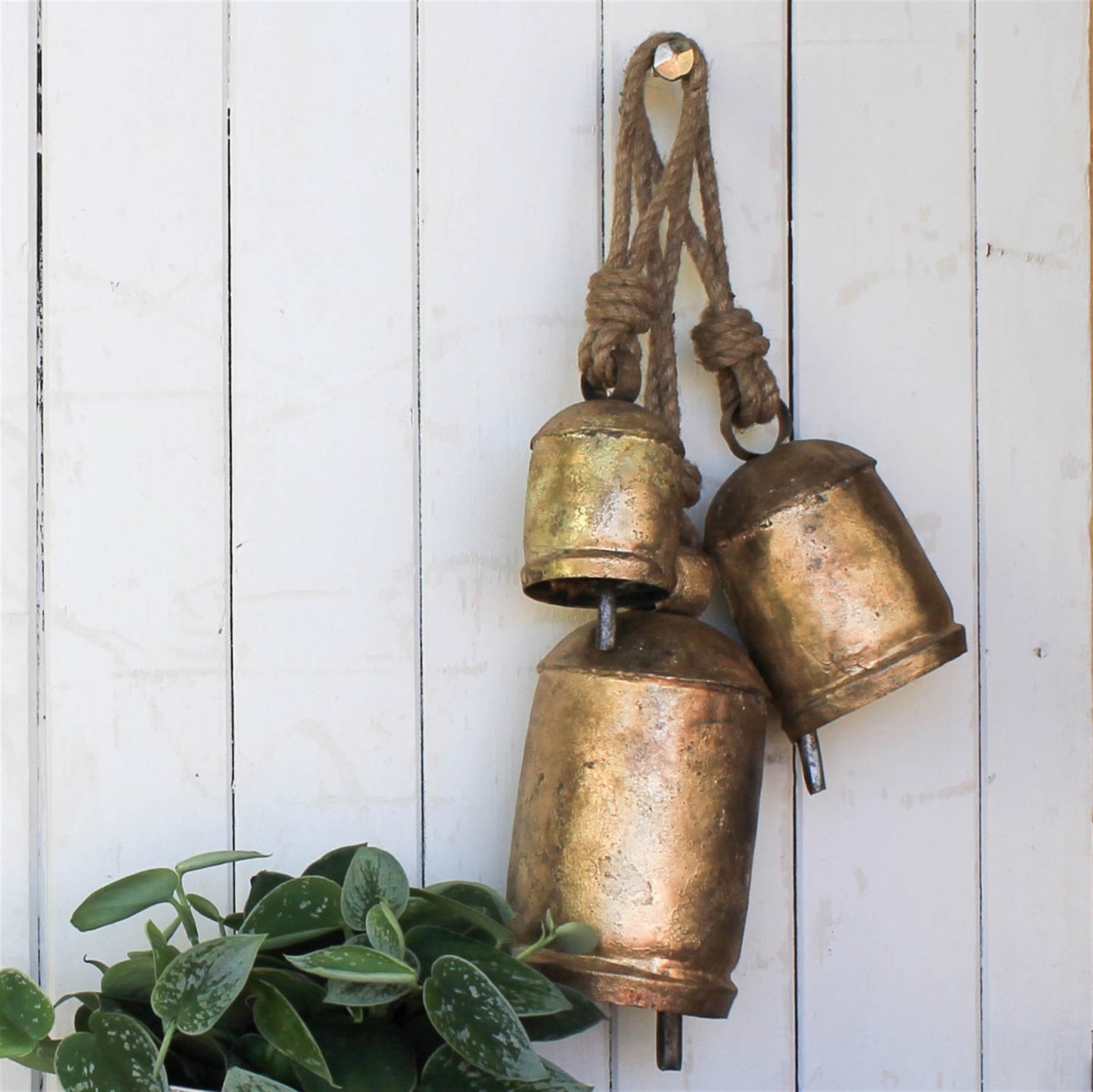 three gold bells on ropes