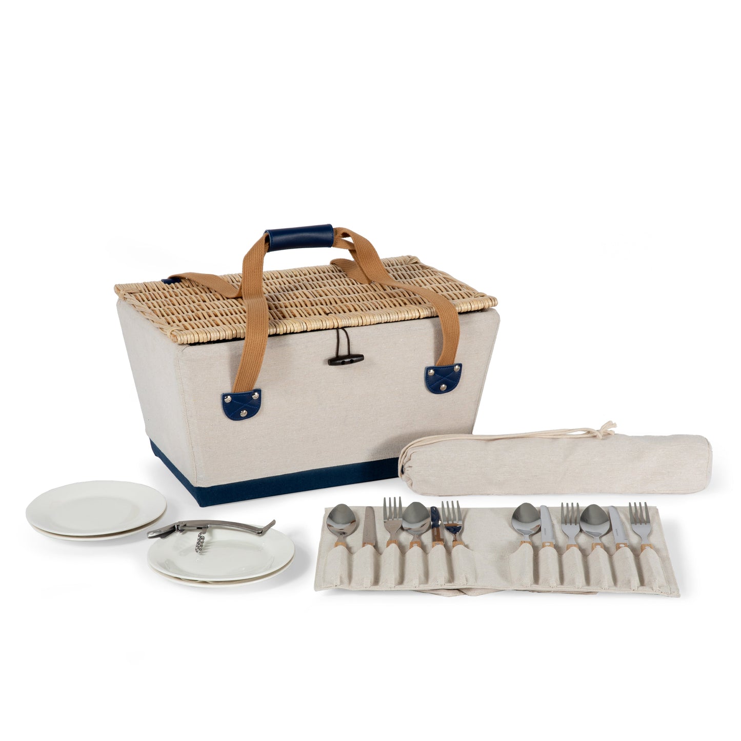 Boardwalk Picnic Basket for 4 - Coastal Wicker Picnic Set, Beach House Outdoor Entertaining