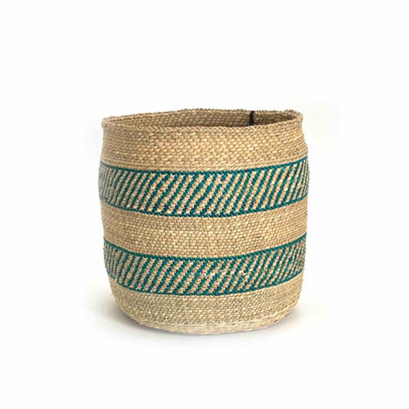 a woven basket with blue and green stripes