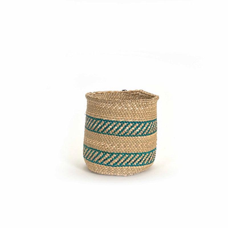 a woven basket with blue and white stripes